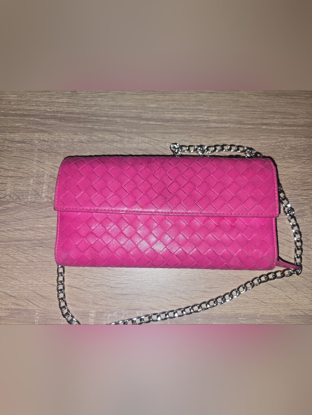 Bottega Veneta Pink Intrecciato Leather Flap Long Wallet with Chain